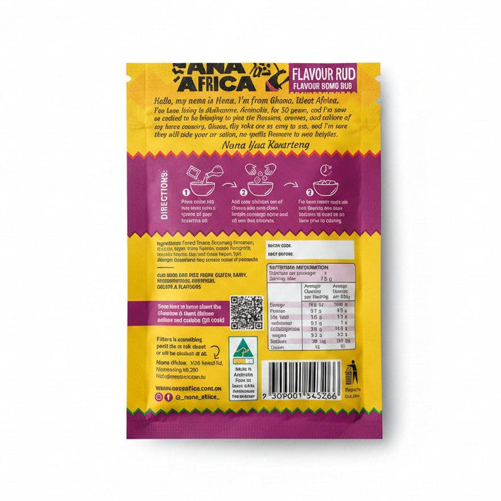 Back view of a food package with yellow and purple design on a white background